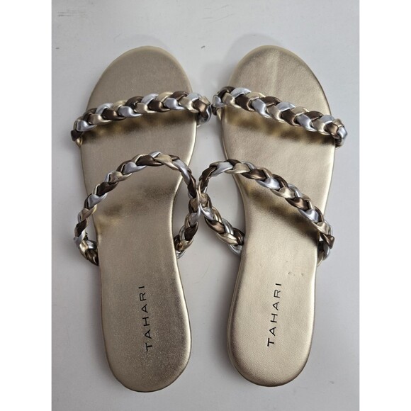Tahari Shoes - Tahari Size 8 Metallic Gold Slide Sandals Braided Gold Silver Strap Flat Slip on